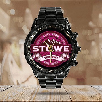 Discover Stowe Logo Raspberry Dark Calendar Steel Band Watch