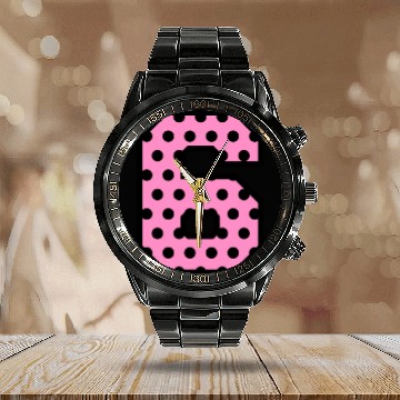 Discover Fun Pink and Black POLKA DOTS Number 6 Six A08 Calendar Steel Band Watch