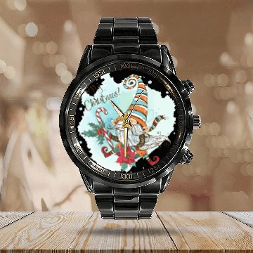 Discover Watercolor Elf Poinsettia Candy Cane Calendar Steel Band Watch