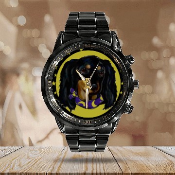 Discover Long Haired Black Dachshund Calendar Steel Band Watch