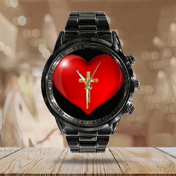 Discover Cross and Heart Calendar Steel Band Watch