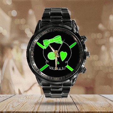 Discover Skull & Crochet Hooks (Lime Green - Dark Version) Calendar Steel Band Watch