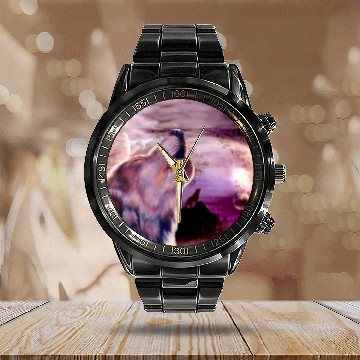 Discover Mystic Wolf Howling at The Moon Calendar Steel Band Watch