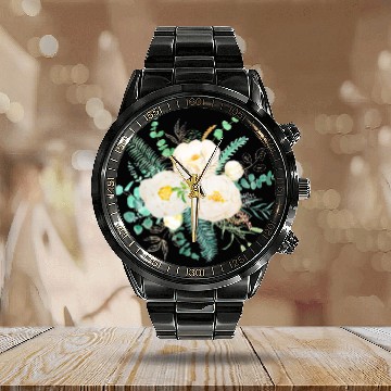 Discover white peony flowers watercolor Calendar Steel Band Watch