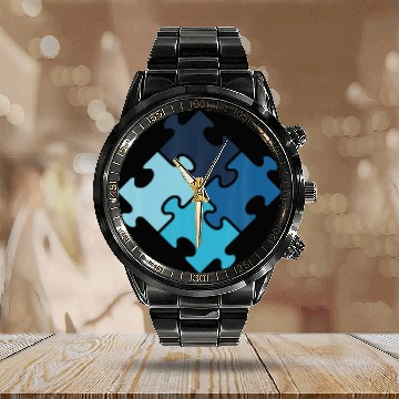 Discover Autism Down Syndrome Awareness Blue Puzzle Pieces Calendar Steel Band Watch