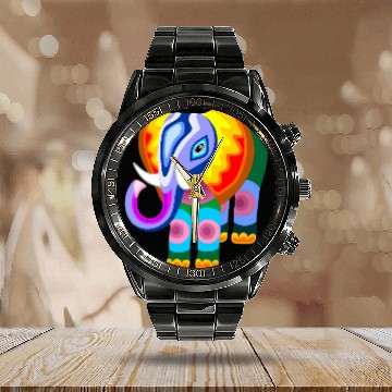 Discover Elephant Rainbow Colors Patchwork Calendar Steel Band Watch
