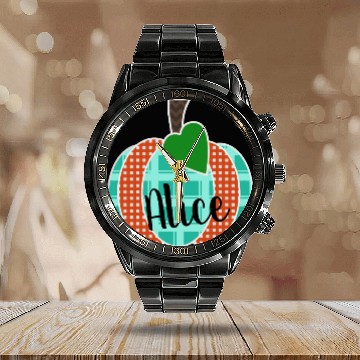 Discover Orange Gingham and Teal Plaid Pumpkin Girls Calendar Steel Band Watch