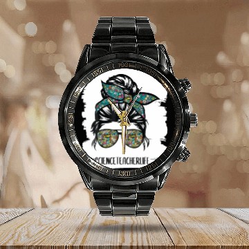 Discover Womens Science Teacher Messy Bun Life Glasses Back Calendar Steel Band Watch