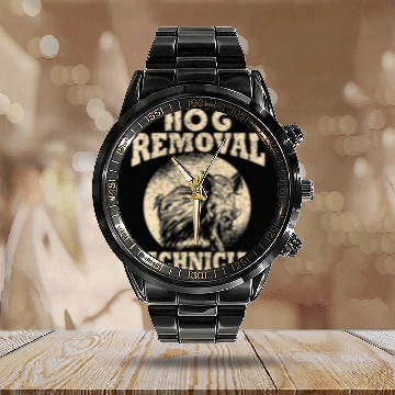 Discover Hog Removal Technician Boar Hunting Vintage Pig Fo Calendar Steel Band Watch