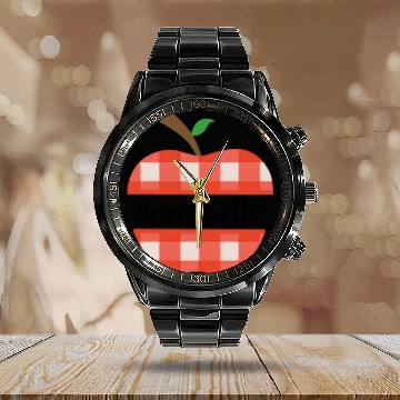Discover Classic Red Gingham Plaid Split Apple Calendar Steel Band Watch