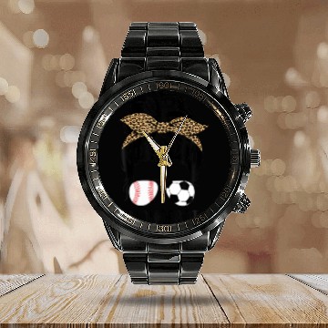 Discover Soccer Baseball Mom Of Both Messy Bun Leopard Moth Calendar Steel Band Watch