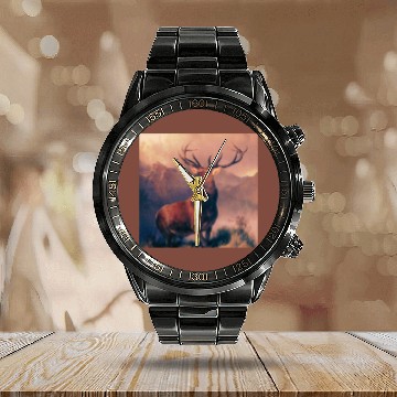 Discover Scottish Highland stag with burnt orange trim Calendar Steel Band Watch