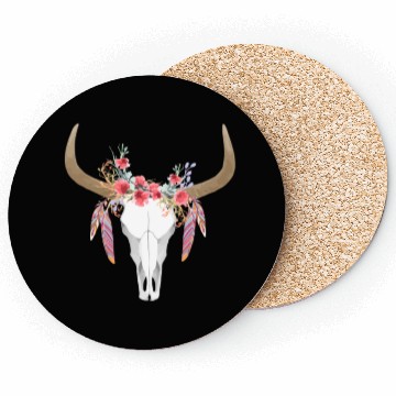 Discover Floral Cow Skull With Feathers Bull Skull Coasters
