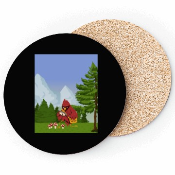 Discover Cardinal Bird Foraging Collecting Mushrooms Coasters