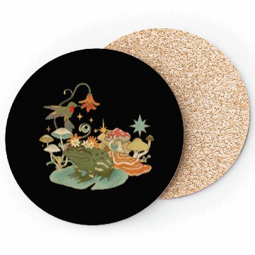 Discover Cottagecore with frog, mushrooms and hummingbird Coasters