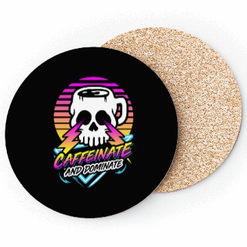 Discover Caffeinate And Dominate (Skull Mug) Retro Neon Coasters