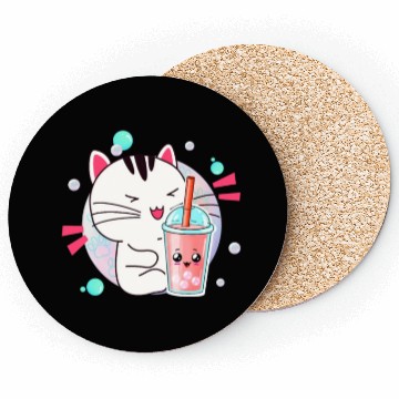 Discover Kawaii Anime Cat Bubble Tea Fan Coasters