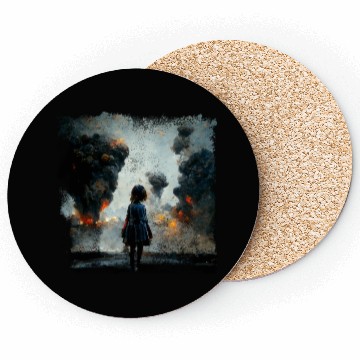 Discover Kid in war looking at explosion AI painting Coasters