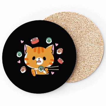 Discover Kawaii Cat Eating Sushi Japanese Raw Food Coasters