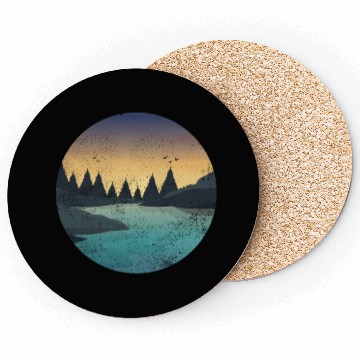 Discover Retro River With Forest And Birds In The Sunset Coasters