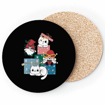 Discover cute gnome and kitty cats on present gift box Coasters