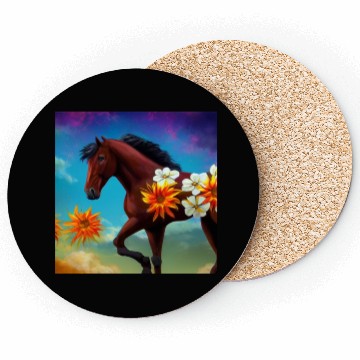 Discover Brown horse with orange white flowers drawing Coasters