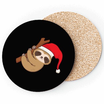 Discover Sloth with Christmas hat hangs chilling on branch Coasters