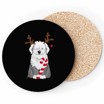 Discover Bobtail dog with candy cane and reindeer antlers Coasters