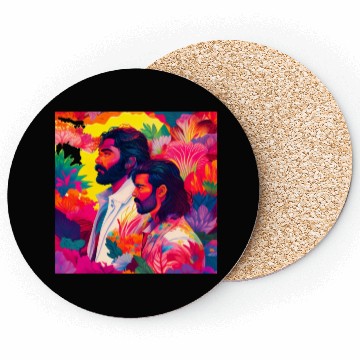 Discover Two men standing in colorful psychedelic nature Coasters