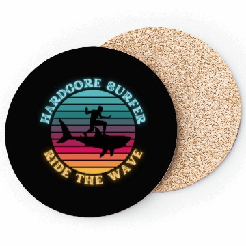 Discover Hardcore Shark Surfer Ride the Wave Sunset Neon Coasters
