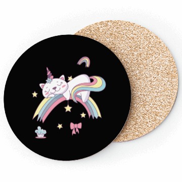 Discover Unicorn Kawaii Cat Cartoon Over Rainbow Coasters