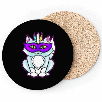 Discover Cute Kawaii Cat With Purple Mask For Mardi Gras Coasters
