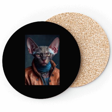 Discover Devon Rex Cat Breed Portrait wears a leather jacke Coasters