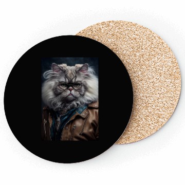 Discover Persian Cat Breed Portrait wears a leather jacket Coasters