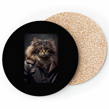 Discover Norwegian Forest Cat Breed wears a leather jacket Coasters