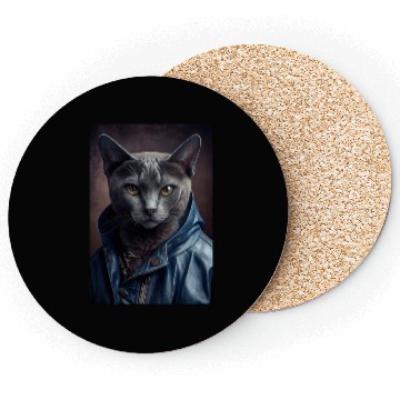 Discover Russian Blue Cat Breed Portrait wears a leather j Coasters