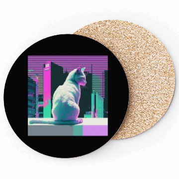 Discover Vaperwave Aesthetic Glitch Cat Retrowave Synthwave Coasters