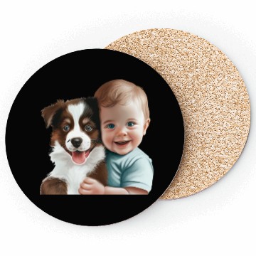 Discover Sweet baby smiling with lovely puppy Coasters