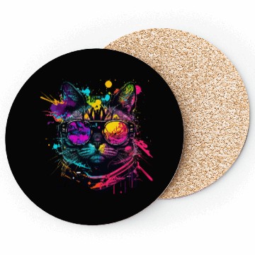 Discover Funny Colorful Cat with Aviator Glasses Coasters