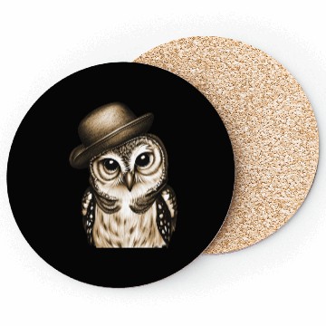 Discover owl wearing derby hat - brown color Coasters