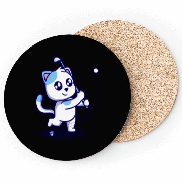 Discover Cute cat playing golf cartoon icon illustration Coasters