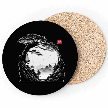 Discover Japanese Zen Circle Landscape Buddhism Bonsai Tree Coasters
