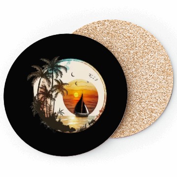 Discover Beach Sunset Sailboat Palm Trees Ocean Vacation 2 Coasters