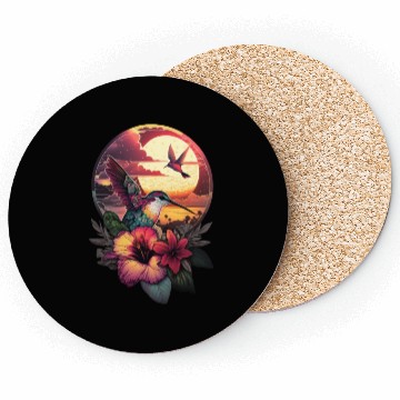 Discover Hummingbird flies over hibiscus flower Tropical Coasters