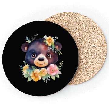 Discover Black and Brown Forest Bear Watercolor Floral Coasters