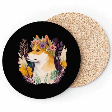 Discover Cute Shiba Inu Flower Crown Pet Dog Breed Floral P Coasters