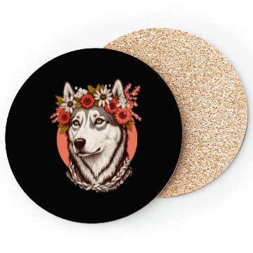 Discover Cute Siberian Husky Flower Crown Pet Dog Breed Flo Coasters