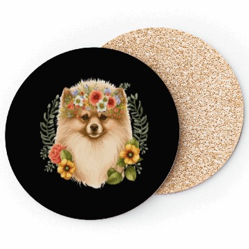 Discover Cute Pomeranian Pom Flower Crown Pet Dog Breed Flo Coasters