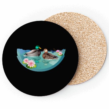Discover Duck couple in a duck pond with water lilies Coasters