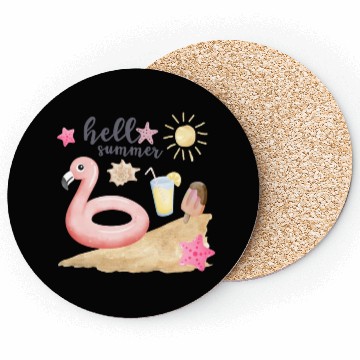 Discover Hello summer sunset Beach summertime pink flamingo Coasters
